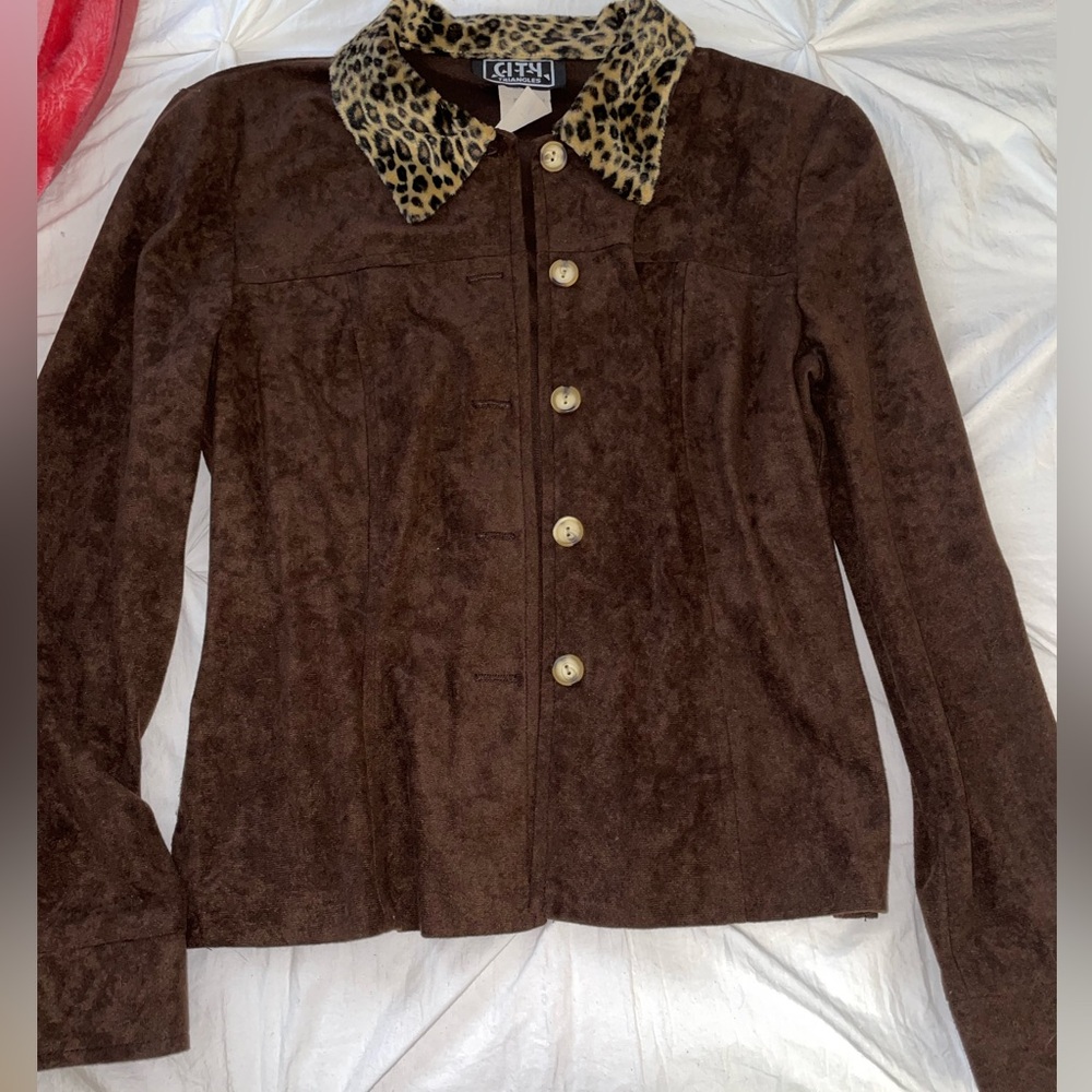 City Triangles Brown and Cream Blazer with Animal Print Collar